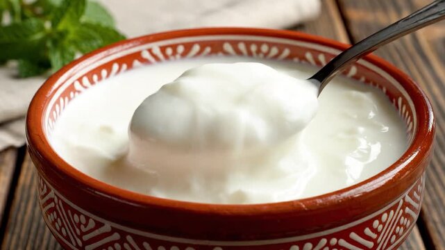 Scooping Fresh Creamy Yogurt from a Traditional Clay Bowl