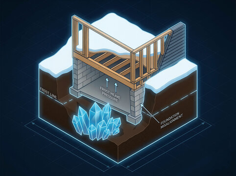 Frost heave pressure causing foundation misalignment in winter, structural damage diagram with frost line and ice crystals