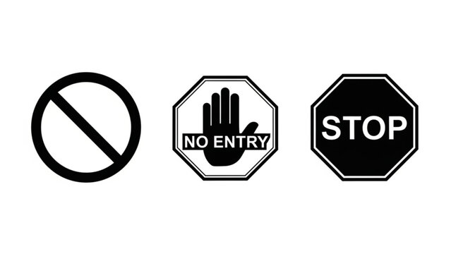 Black and White Safety Signs with Stop Sign and No Entry Hand Silhouette Vector