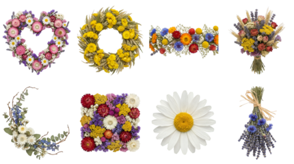 Dried flower arrangement set including heart wreath, circle garland, square collage, and bouquets isolated. Floral decor for weddings and crafts.