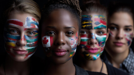 Faceless expressive portrait sequence showing flag face art on diverse model, national identity celebration, patriotic expression, with copy space