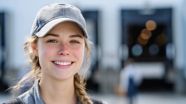 The Portrait of Hard Work: A young woman, radiating confidence and warmth in a practical cap, beams with a genuine smile. Captured in the midst of her professional environment.