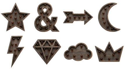 Rustic wooden marquee light set including star, ampersand, arrow, moon, bolt, diamond, cloud, and crown shapes isolated. Vintage decor and signage collection.