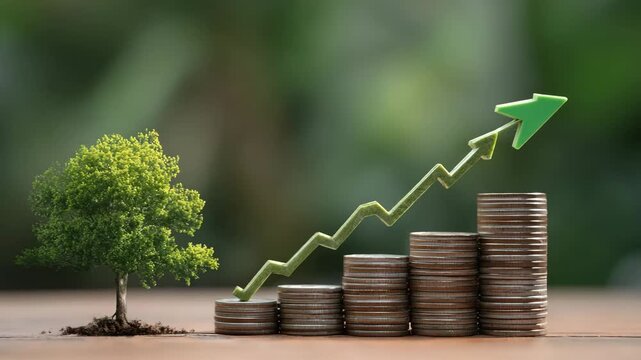 Green arrow graph rising over stacks of coins next to small tree on brown surface
