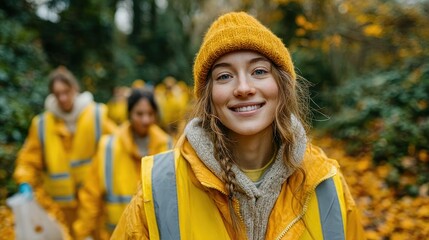 Smiling Young Woman Leads a Volunteer Cleanup Crew in Autumn Woods