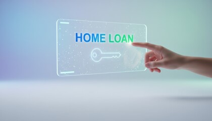 Hand choosing home loan on a transparent digital interface, representing concepts of financing a home, real estate investment, and securing a mortgage for property acquisition