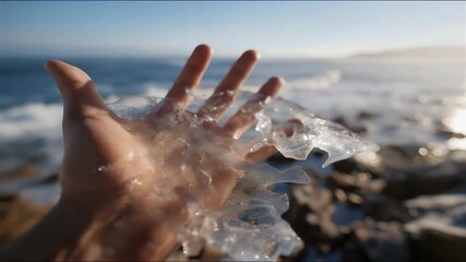 A human hand double-exposed with fragile ice cracking into water, representing climate change awareness and environmental urgency. cinematic color correction, natural uneven lighting yet gentle