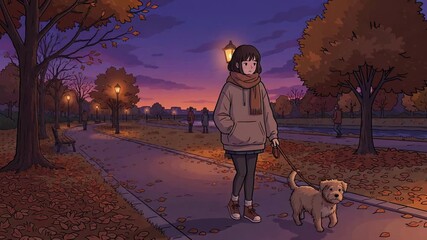 Lo-fi anime style animation of a girl walking her dog in a park at dusk with purple sky and streetlights turning on peaceful evening atmosphere 4k video footage