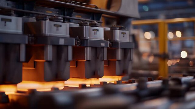 A heat-treatment facility where metal components pass through controlled ovens, illustrating metallurgical processes like annealing, quenching, and tempering. cinematic color correction, natural