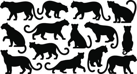 Jaguar Silhouette Vector Set. Featuring sleek feline poses standing, walking, sitting, and prowling. Ideal for wildlife designs, jungle illustrations, and powerful imagery. Vector graphic collection.