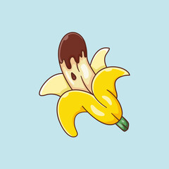 Cartoon vector icon illustration of a banana with melted chocolate topping. Concept icon for fresh and ripe fruit. Designed in a cartoon flat style.