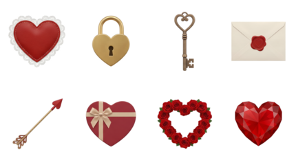 Valentine's day romantic set including heart, padlock, key, envelope, arrow, gift box, rose wreath, and ruby gemstone isolated. Love and wedding design elements.