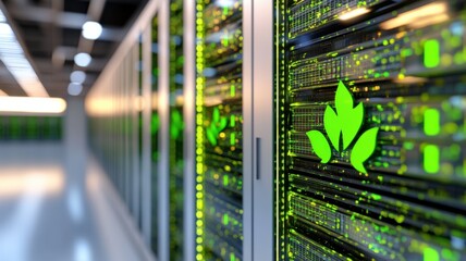 Row of green glowing server racks with eco-friendly symbols in a modern data center