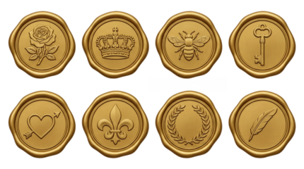 Gold wax seal set including rose, crown, bee, key, heart, fleur de lis, laurel, and feather motifs isolated. Elegant stationary and invitation embellishments.