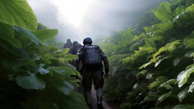 A jungle expedition team following a narrow vine-covered trail, machetes clearing dense foliage as beams of sunlight break through towering emerald leaves &mdash; remote wilderness navigation, botanical