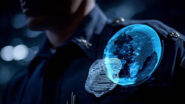 A police badge silhouette double-exposed with digital code and network grids, illustrating cybercrime enforcement and modern digital policing. cinematic color correction, natural uneven lighting