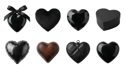 Black heart set including glossy, velvet, faceted, box, balloon, chocolate, and leather textures isolated. Romantic gothic and luxury gift collection.