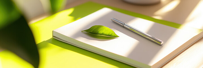 Minimalistic wide desk scene with open notebook labeled "esg strategy" and a green leaf