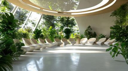 Modern conference room in an eco-certified building with air-purifying plants and smart lighting system