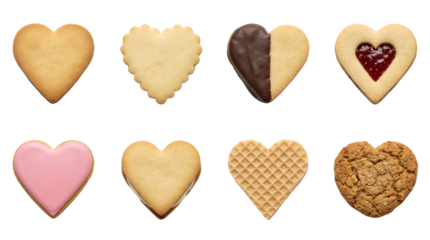 Heart shaped cookies set including plain, chocolate dipped, jam filled, iced, and sandwich variants. Valentine's day bakery and sweet dessert collection.