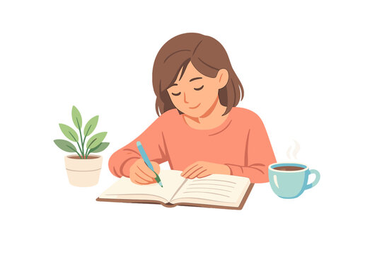 Young woman writing in a journal with a cup of coffee
