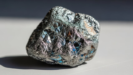 Close-up shot of a clear Venezuelan zinc ore fragment showcasing iridescent color patterns. The zinc ore features a shiny, metallic surface with reflective highlights that enhance its natural beauty.