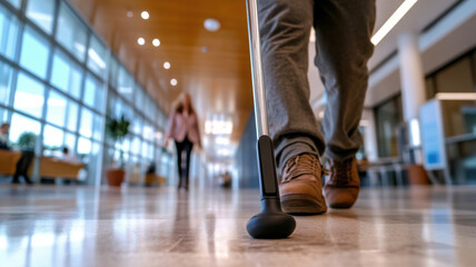Person with visual prosthesis uses smart cane for navigation in office hallway with supportive colleague