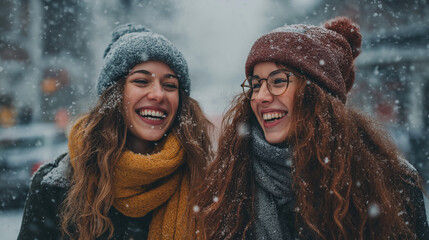 Two friends walking through the snow in style, smiling and having a good time