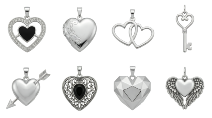 Silver heart pendant set including locket, key, wings, filigree, and faceted styles isolated. Romantic jewelry and accessory collection.