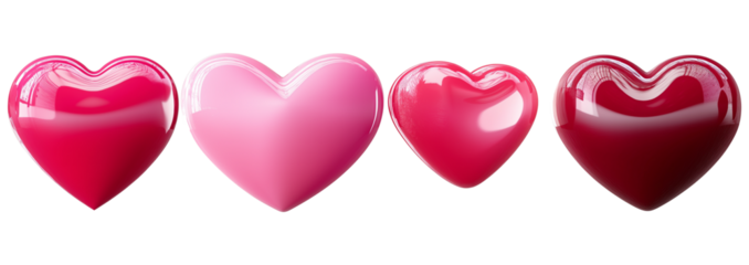 Row of Glossy Pink and Red Hearts on Dark Background isolated on a transparent background