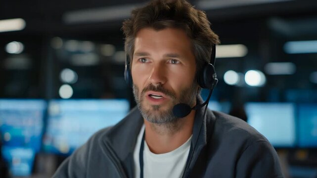 Dispatch coordinator wearing a headset while managing incoming requests on multiple screens, illustrating real-time decision making and operational control. cinematic color correction, natural