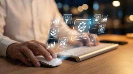 Marketing automation technology concept with holographic icons for lead generation,data management,ROI and customer value shown on office desk background