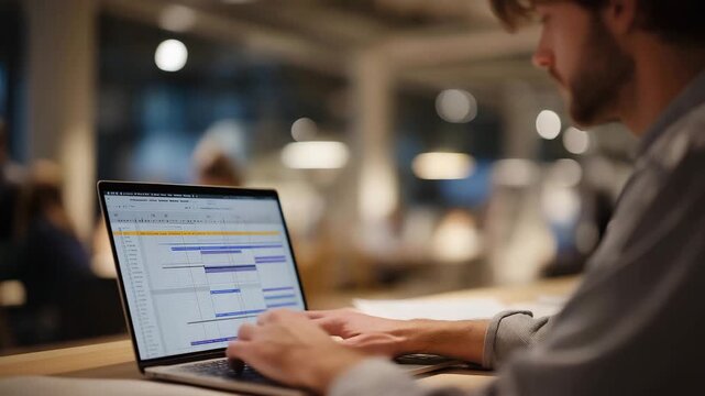 Project coordinator aligning tasks during a team meeting, laptop open with timelines and milestones visible, representing workflow optimization and cross-team collaboration. cinematic color
