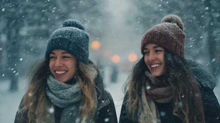 Two friends walking through the snow in style, smiling and having a good time