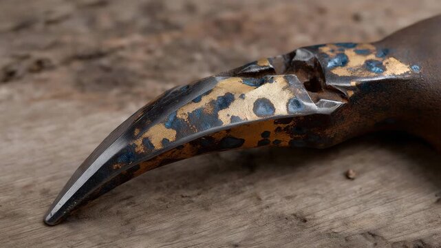 Close-up of scratched metal tool handle with patina and grime, symbolizing manual labor, craftsmanship, and repeated use. cinematic color correction, natural uneven lighting yet gentle backlight,