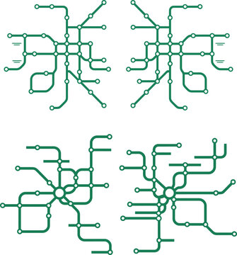 Subway Map Layout Set. Featuring abstract metro, underground, train route diagrams. Illustrating transportation network, urban transit system, and public navigation. Vector design templates.