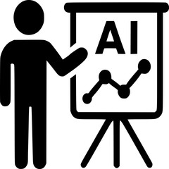 AI Presentation: A stylized illustration shows a person presenting in front of a whiteboard with AI displayed.
