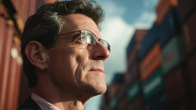 Thoughtful Reflection: An astute individual gazes thoughtfully, framed by the backdrop of containers. The scene embodies contemplation, determination, and a forward-thinking perspective.