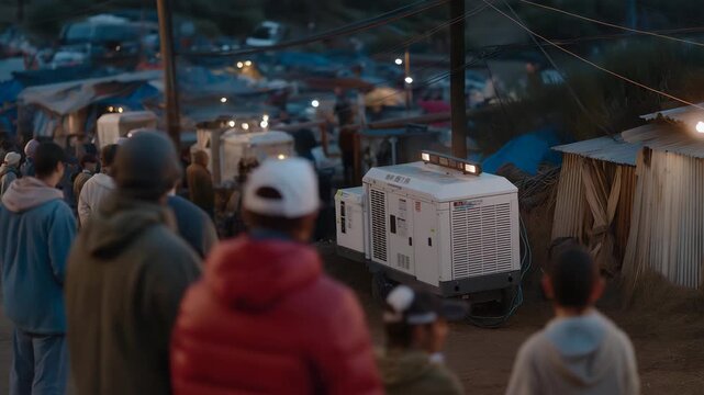 Mobile power units delivering temporary electricity to a blackout-hit neighborhood, cables snaking from humming generators as residents gather with relief &mdash; energy restoration, infrastructure