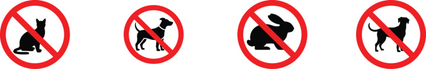 No Pets Allowed Icon Set. Featuring prohibition signs for cat, dog, and rabbit. Signifying restriction, ban, forbidden, pets absence, animal control, and regulations. Vector illustration.