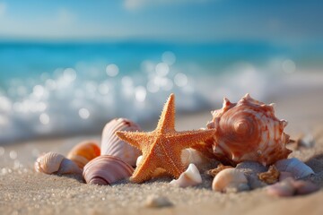 Close up of seashells and starfish on sandy beach with blurred ocean background summer vacation concept