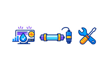 Obraz premium Set of three neon-lit icons representing technology, measurement, and tools