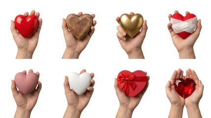 Heart shape set including red, wooden, gold, bandaged, matte, white, gift box, and ruby crystal variants held in hands. Love, health, and romance collection.