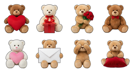 Valentine teddy bear set including heart, gift box, red roses, bow tie, envelope, and pillow variants isolated. Romantic gift and love collection.