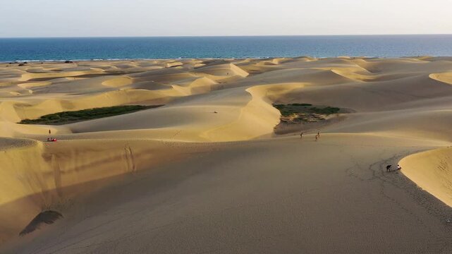 Landscape with Maspalomas town and golden sand dunes, Gran Canaria, Canary Islands, Spain. Natural Reserve of Dunes of Maspalomas, in Gran Canaria, Canary Islands, Spain.