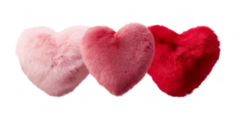 Three Fluffy Heart-Shaped Pillows in Pink and Red Tones isolated on a transparent background