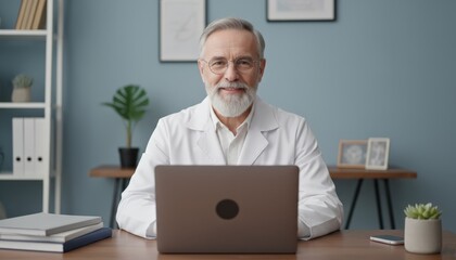 Mature male doctor wearing a white coat and glasses, an experienced medical professional, smiling at the camera while conducting an online consultation session via a laptop in his office