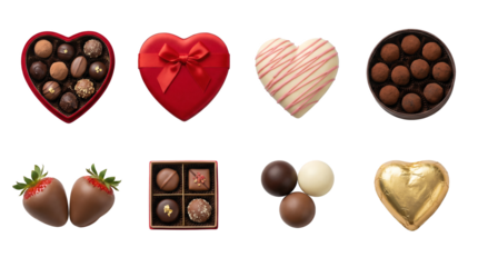 Gourmet chocolate and truffle set including heart shaped boxes, dipped strawberries, and assorted pralines isolated. Valentine's day and romantic dessert collection.