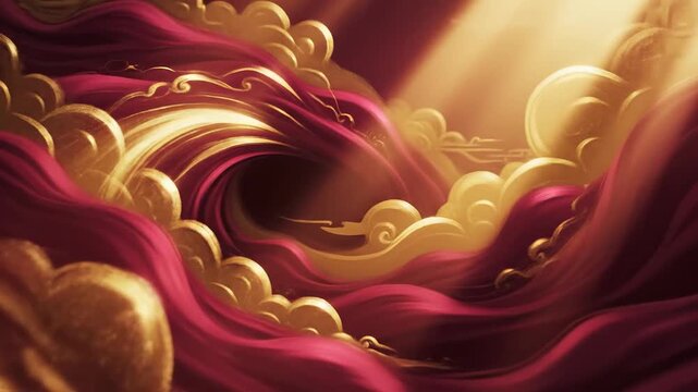 Luxurious red and gold silk fabric flowing amidst ornate golden clouds and traditional patterns in a regal setting
