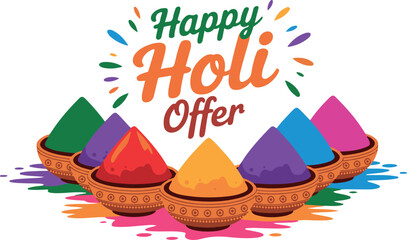 Vibrant Happy Holi Festival Offer Illustration with Colorful Gulal Bowls